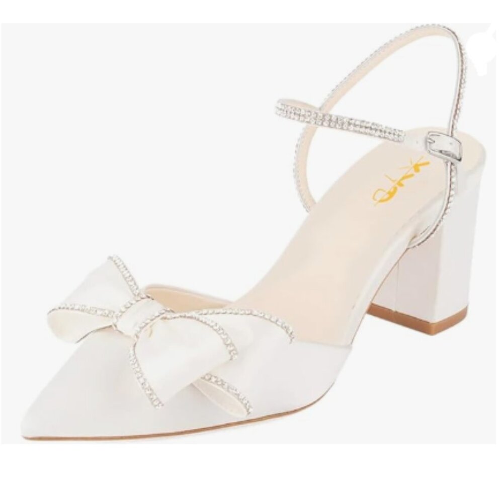 XYD White Chunky Heels Sparkling Ankle Strap Wedding Bowknot Pointed Toe Pumps